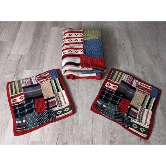 Pottery Barn Patchwork Knit Coverlet And Pillow Set Acrylic 88"x85" Comforter - Picture 1 of 15